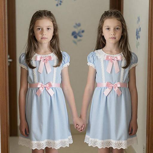 Identical Twins in Floral Hallway