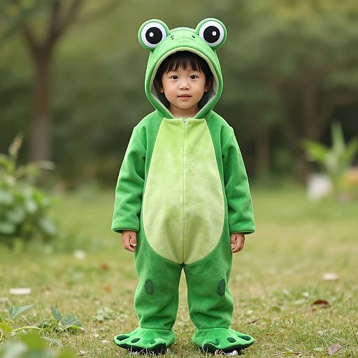 Photograph of an Asian toddler standing in a grassy park, wearing a green frog onesie with hood and large eyes, against a blurred green background