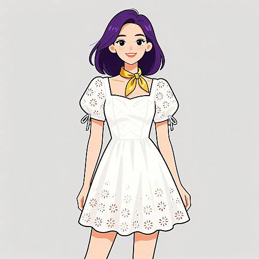 Digital anime-style drawing of a smiling young woman with short purple hair, wearing a white lace dress with puffed sleeves and a yellow scarf.