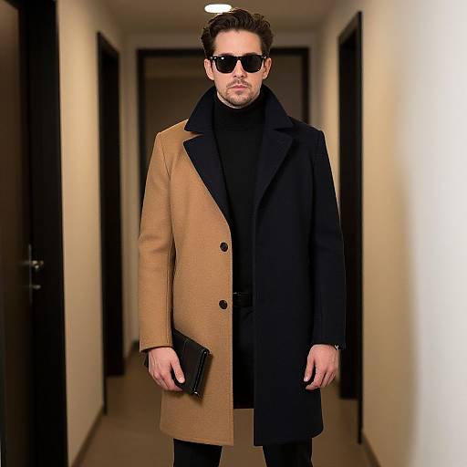 Photograph of a stylish man in a hallway wearing a tan and black coat, black turtleneck, sunglasses, and holding a black clutch.