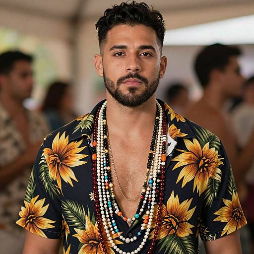 Photograph of a handsome, bearded man with dark curly hair, wearing a black floral shirt, and multiple colorful bead necklaces, standing in a