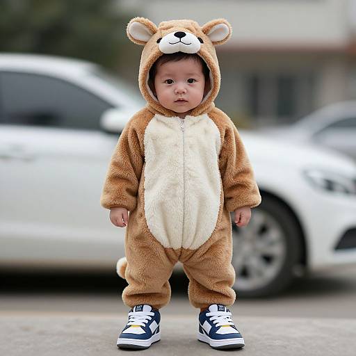 Photograph of a baby standing outdoors in a brown and white teddy bear onesie with bear ears, wearing navy sneakers, in front of blurred white