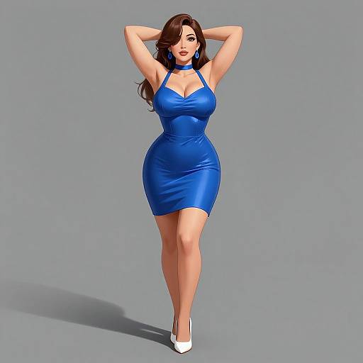 Digital illustration of a curvy woman with long brown hair, wearing a tight, shiny blue dress, white heels, and red lipstick, standing with arms