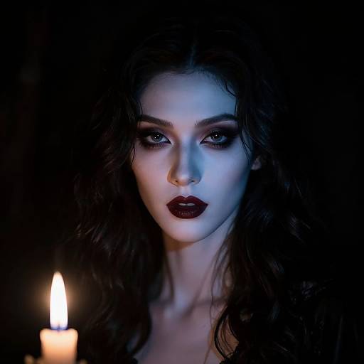 Photograph of a pale-skinned woman with dark, wavy hair and dark red lipstick, illuminated by a single lit candle in a black background.