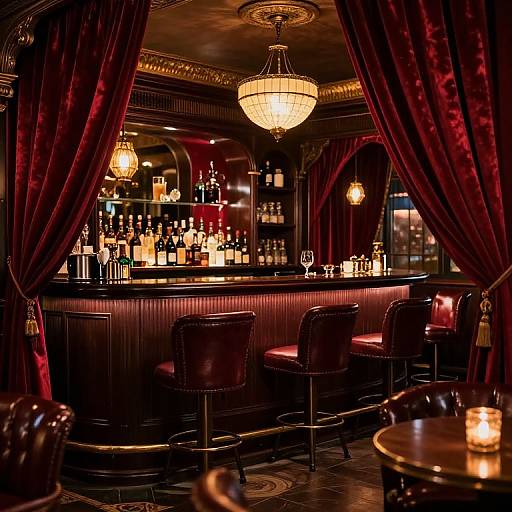 Photograph of a luxurious, dimly-lit bar with rich red velvet curtains, ornate chandeliers, wooden bar stools, and a well