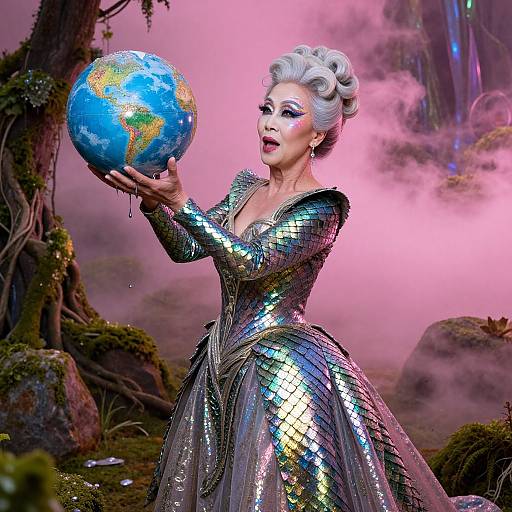 Photorealistic CGI of an elderly woman with silver hair in a shimmering silver gown holding a glittery Earth globe in a mystical, pink-lit