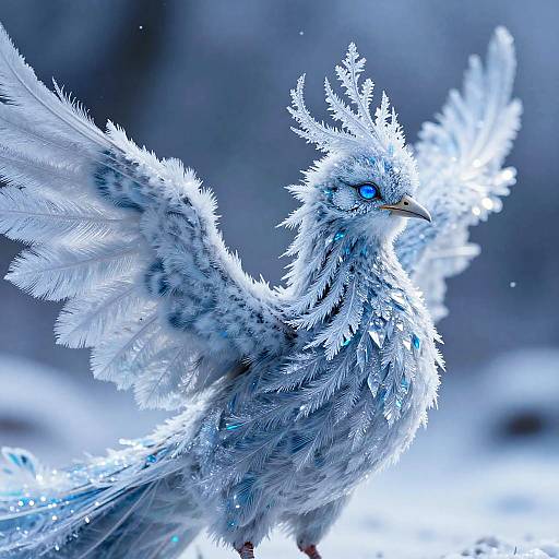 Digital artwork of a frosty, blue-eyed bird with icy feathers, wings spread, set against a blurred, wintry background. Vibrant blue and