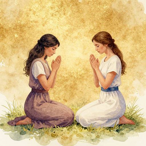 Two women kneeling in grass, praying, one in purple, one in white, against a golden textured background, digital art.