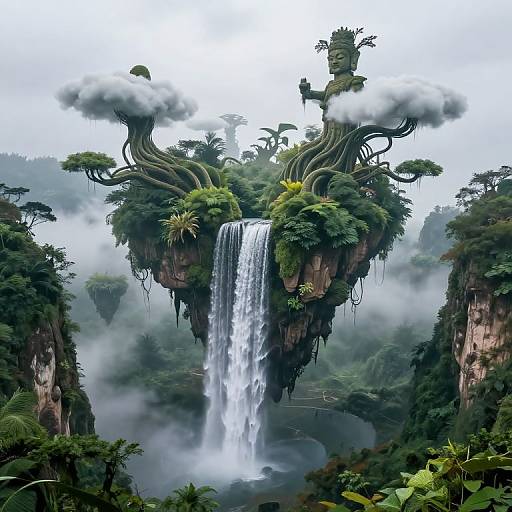 Photograph of a fantasy landscape with a towering, lush floating island featuring a cascading waterfall, surrounded by mist and dense greenery.
