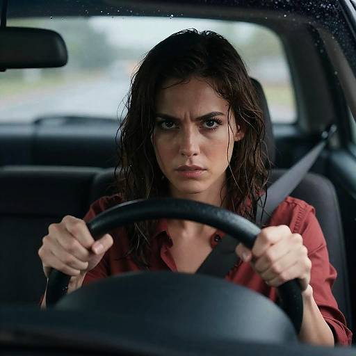 Determined Woman Driving in Rainy Night