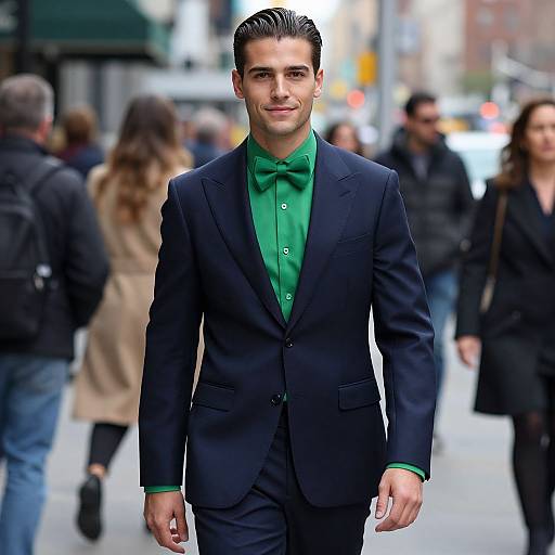 Photograph of a handsome young man with dark hair, wearing a black suit and green shirt, walking confidently on a busy city street with blurred pedestrians in