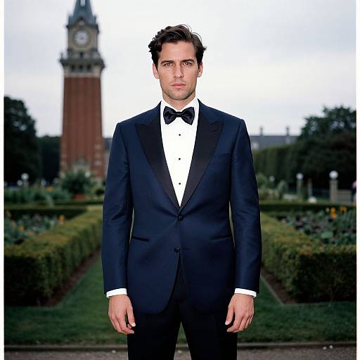 Photograph of a handsome man with short dark hair, wearing a black tuxedo with a bow tie, standing in front of a blurred clock tower