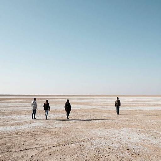 Photograph of four silhouetted people walking on a vast, empty, sandy beach under a clear, bright blue sky.