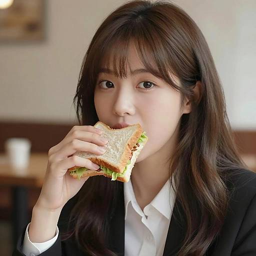 Asian Woman Enjoying a Sandwich Lightly