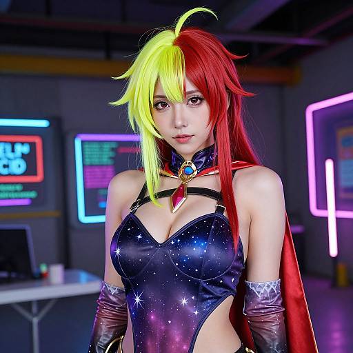 Cosplay photo of an anime-style woman with dual red and yellow hair, wearing a starry blue bodysuit and red cape, in a neon
