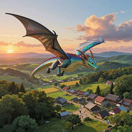 Elegant Dragon Soaring Over Sunset Landscape