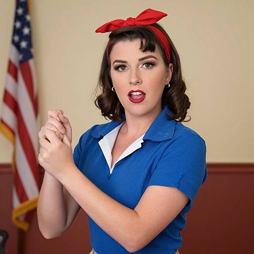 Photograph of a vintage-style woman with red bow in dark hair, blue shirt, clasped hands, red lipstick, American flag background.