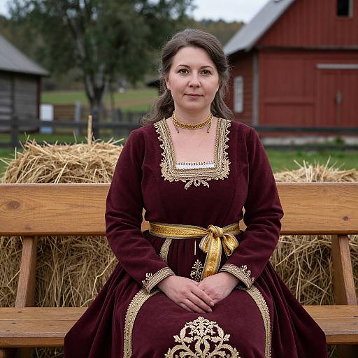 Photograph of a middle-aged woman with dark hair in a burgundy, gold-trimmed dress, seated on a wooden bench with hay bales
