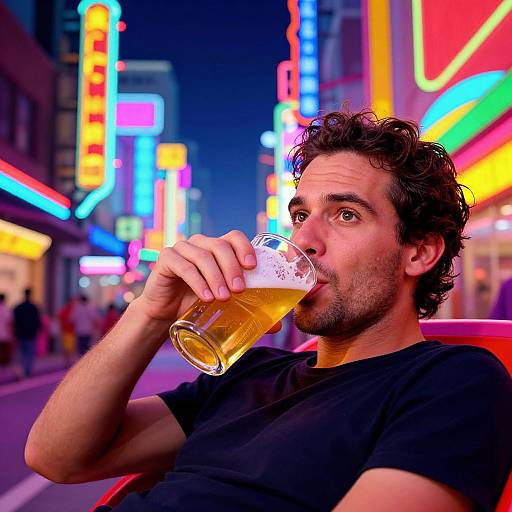 Photograph of a curly-haired, bearded man in a black t-shirt sipping beer on a neon-lit, bustling city street at night.