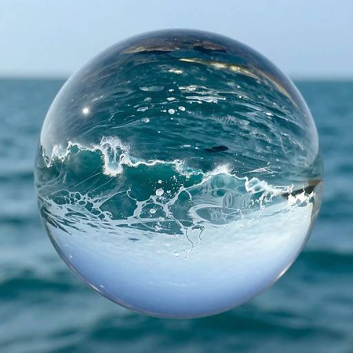 Photograph of a clear glass sphere reflecting ocean waves with white foam, set against a blurred blue ocean and sky background.