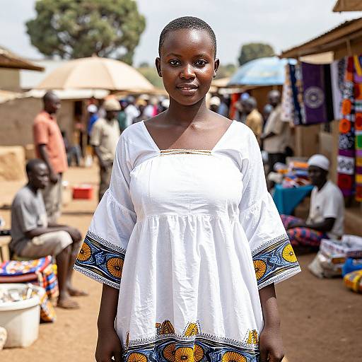 Photograph of a young African woman with dark skin, short hair, wearing a white dress with colorful embroidered patterns, standing in a bustling outdoor market.
