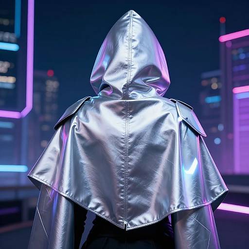CGI image of a person with back facing the camera, wearing a shiny silver hooded leather cape, in a neon-lit cyberpunk cityscape