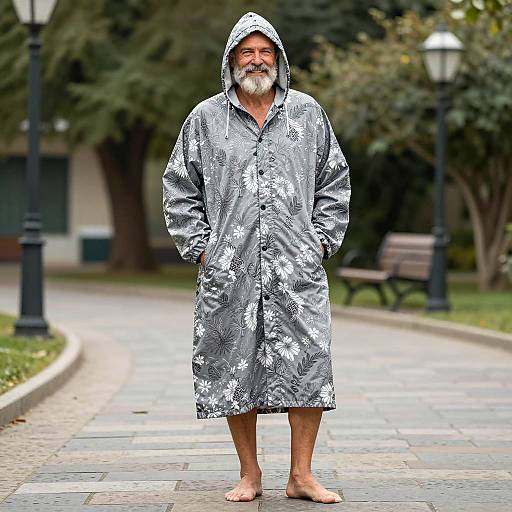Older Man in Gray Hooded Raincoat Outdoors