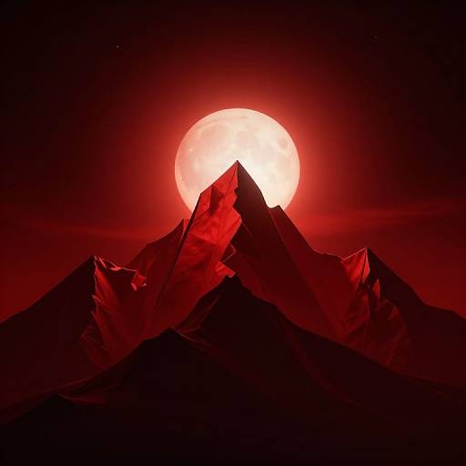 Digital artwork of a dark, jagged mountain range silhouetted against a vividly glowing red full moon in a black night sky.