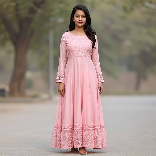 Photograph of a young woman with long black hair, wearing a pink, long-sleeve, lace-trimmed, ankle-length dress, standing