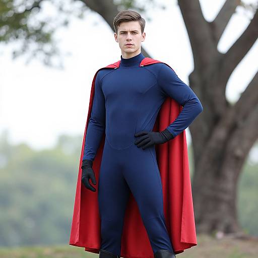 Photograph of a young, handsome man in a tight, navy superhero suit with a red cape, black gloves, standing confidently outdoors.