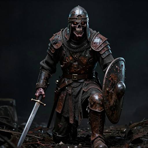 Photorealistic CGI of a blood-stained, menacing knight in full armor, helmet with grimacing skull visor, crouching, holding sword