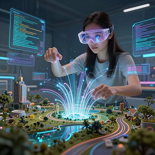 Photorealistic CGI of a young woman in VR goggles controlling a futuristic, glowing cityscape with code floating in mid-air.