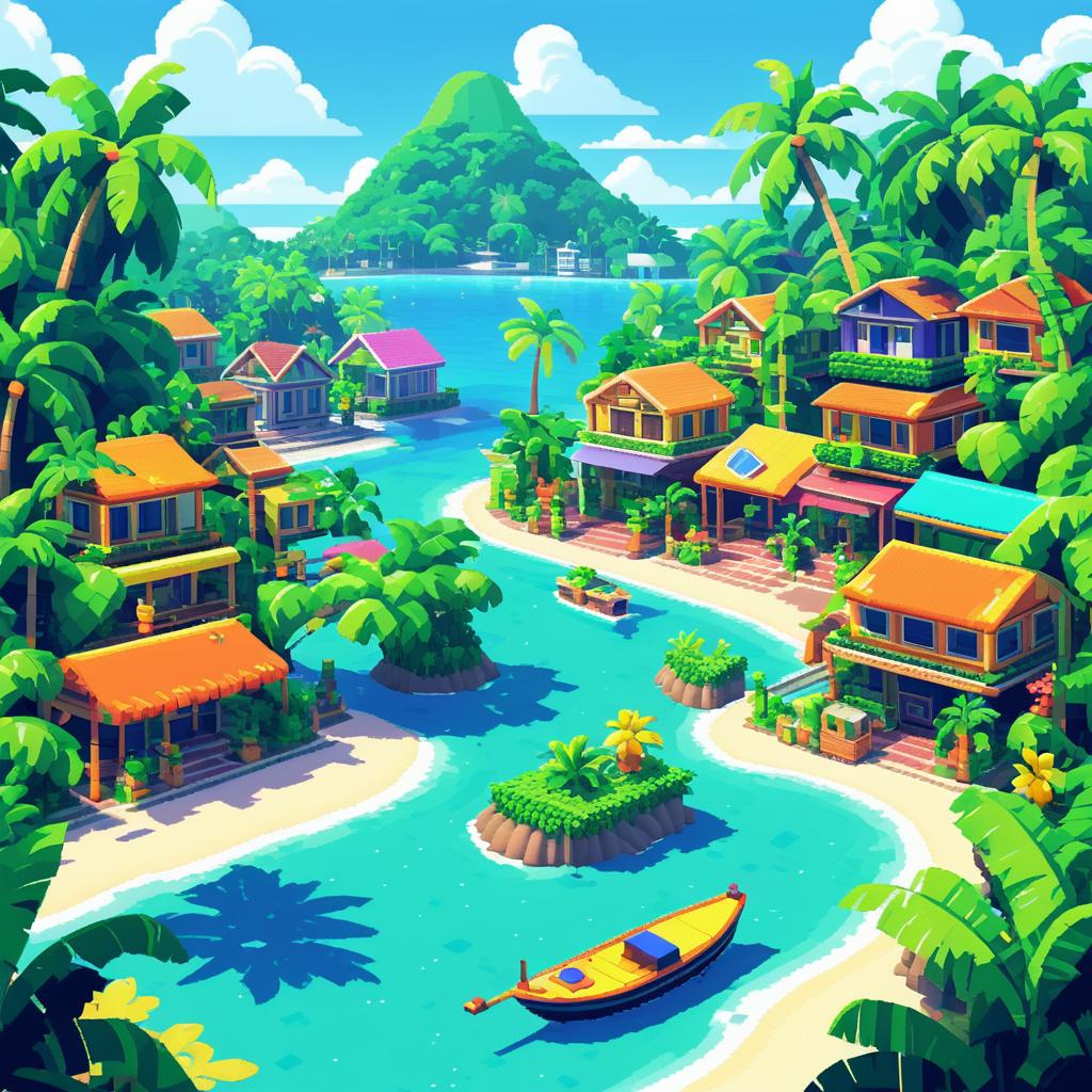 Vibrant Pixel Art of Tropical Port Town