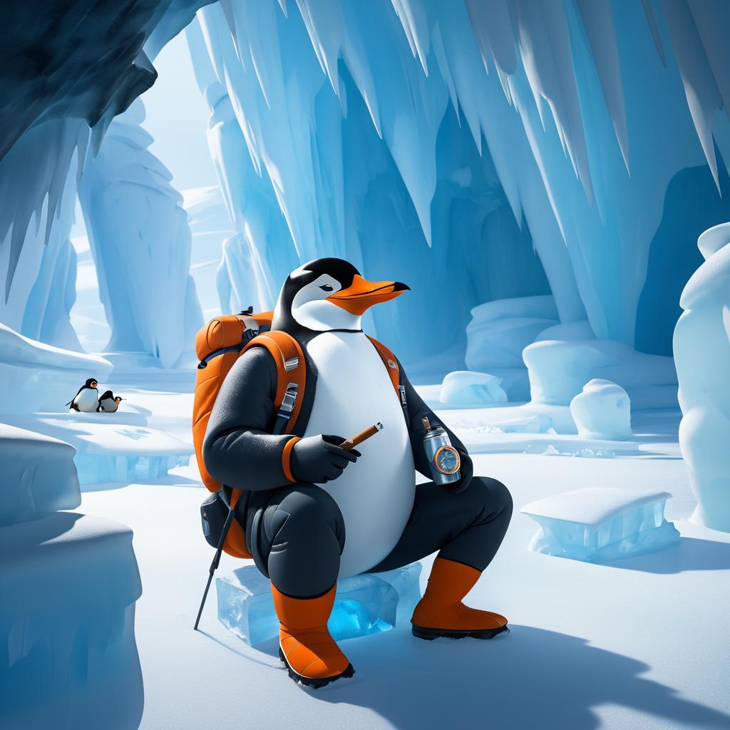 Adventurous Penguin in Arctic Ice Cave