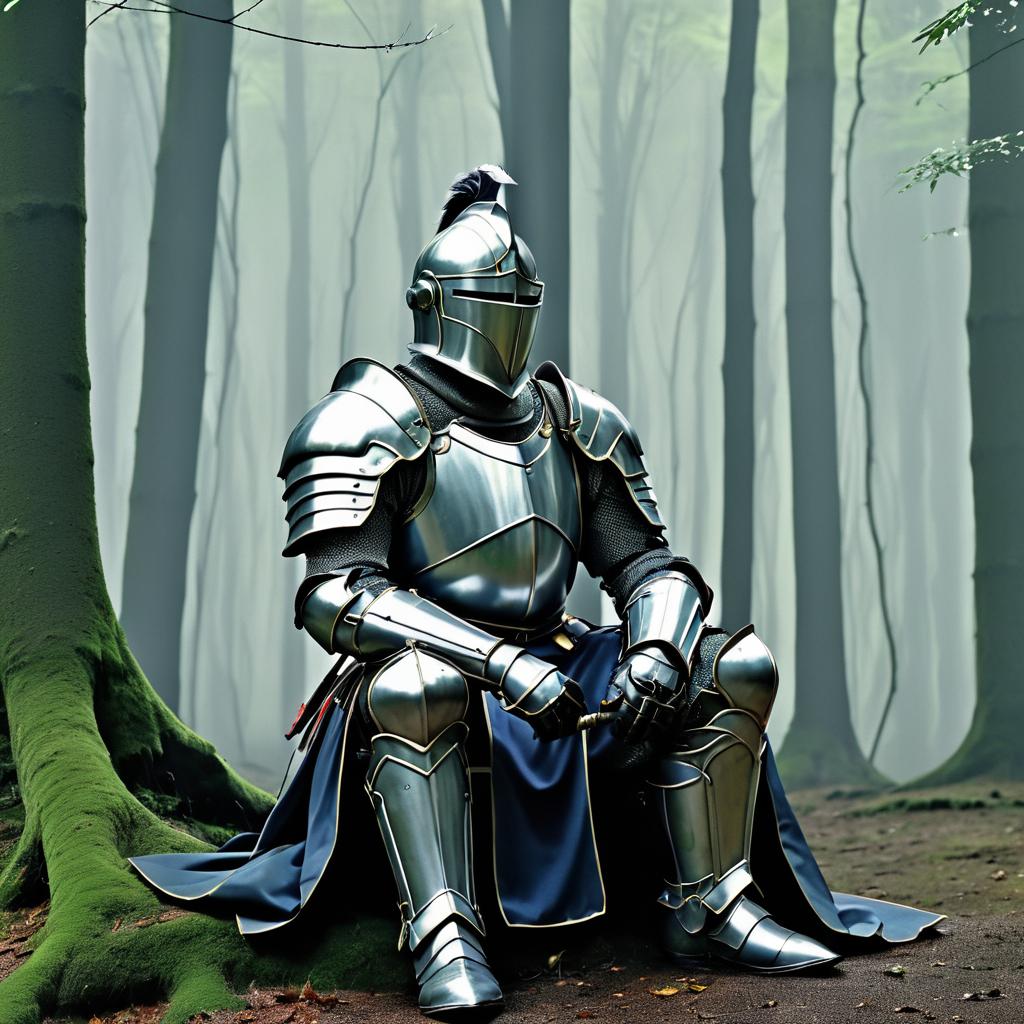 Weary Knight in Misty Forest Clearing