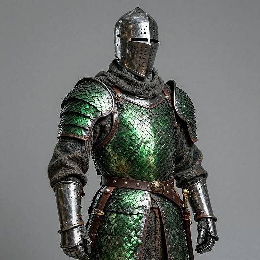 Photograph of a medieval knight in shiny, green-scaled armor with silver metal helmet, black fabric underlayer, and brown leather belt.