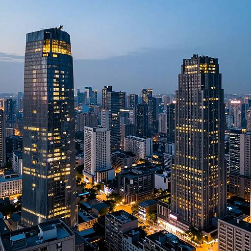 Photograph of a cityscape at dusk, showcasing illuminated skyscrapers with yellow lights against a blue sky, surrounded by densely packed buildings.