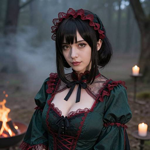 Photograph-style digital illustration of a pale-skinned, black-haired woman in a gothic, lace-trimmed green dress with red ribbons,