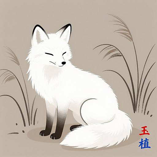 Minimalist White Fox Illustration with Calligraphy