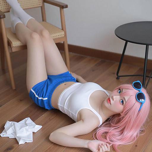 Playful Pink-Haired Woman on Floor