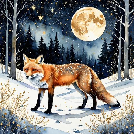 Watercolor Red Fox in Snowy Night Forest