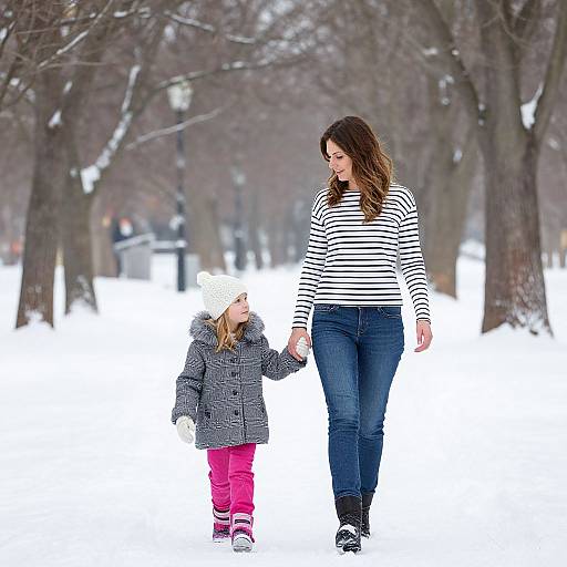 Photograph of a woman with long brown hair in a striped shirt and jeans, holding hands with a blonde child in a gray coat and pink pants,