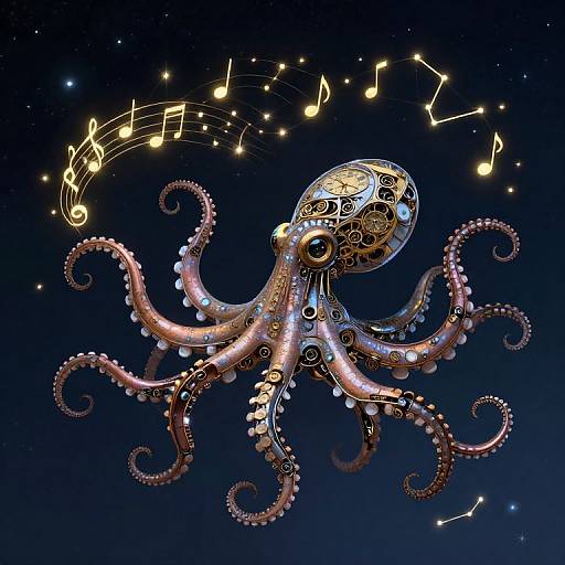 Digital illustration of a whimsical, steampunk-style octopus with glowing musical notes and constellations floating above it against a starry night sky
