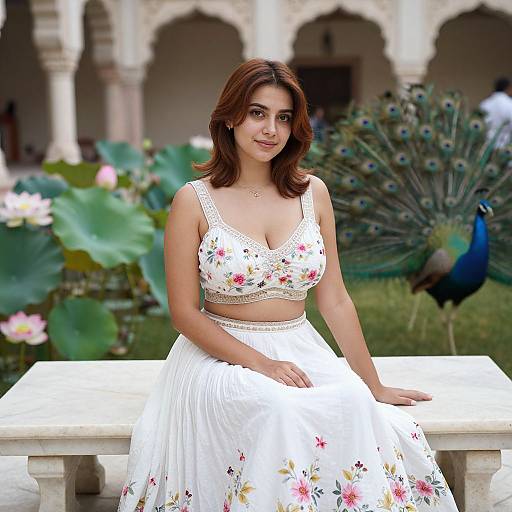 Photograph of a young woman with medium skin tone, brown hair, wearing a white floral crop top and skirt, sitting on a stone bench, with