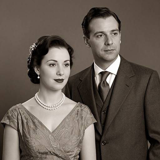 Black-and-white photograph of a 1930s-styled couple; woman in elegant dress with pearl necklace, hair adorned with flower, man in suit
