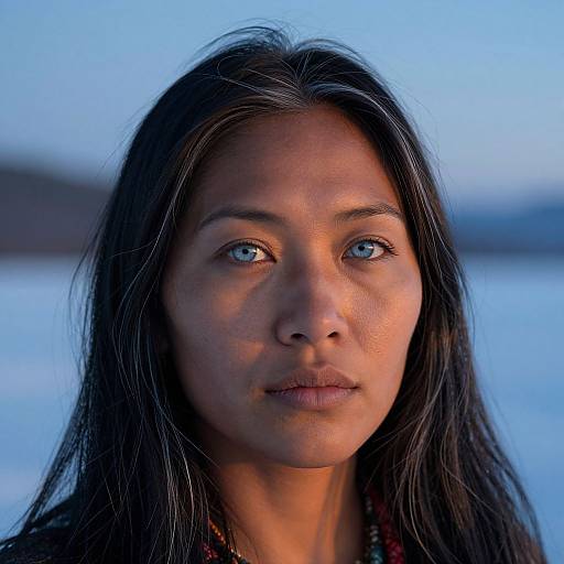 Photograph of a young Native American woman with long black hair, blue eyes, and tan skin, standing against a blurred blue lake background at sunset.