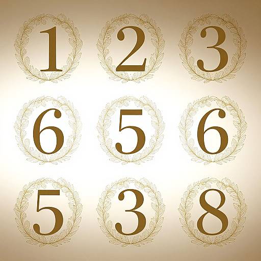 Gold numeral clock face with numbers 1 to 8, each encircled by ornate wreaths, on a gradient beige background.