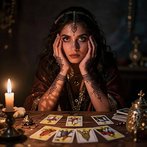 Photograph-style digital art of a dark-haired woman with intricate henna designs, hands on face, looking at tarot cards by candlelight.