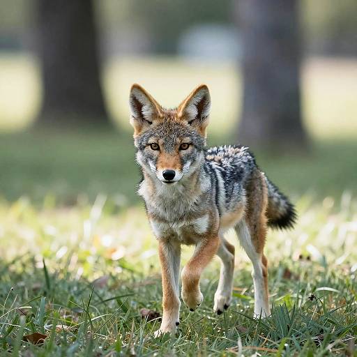Playful Coyote Pup Mid-Hop in Sunlit Park