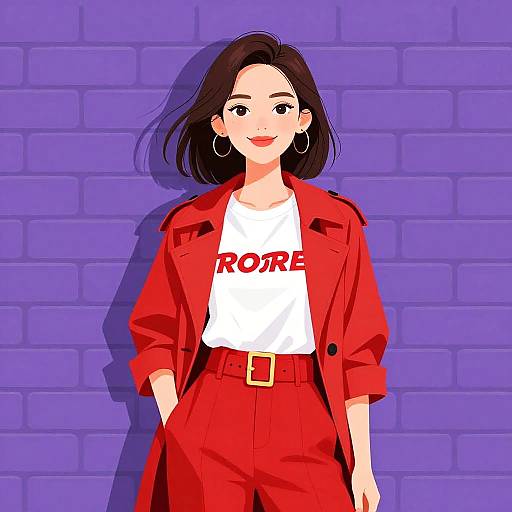 Digital anime-style drawing of a smiling woman with medium-length black hair, wearing a red coat, red pants, white 